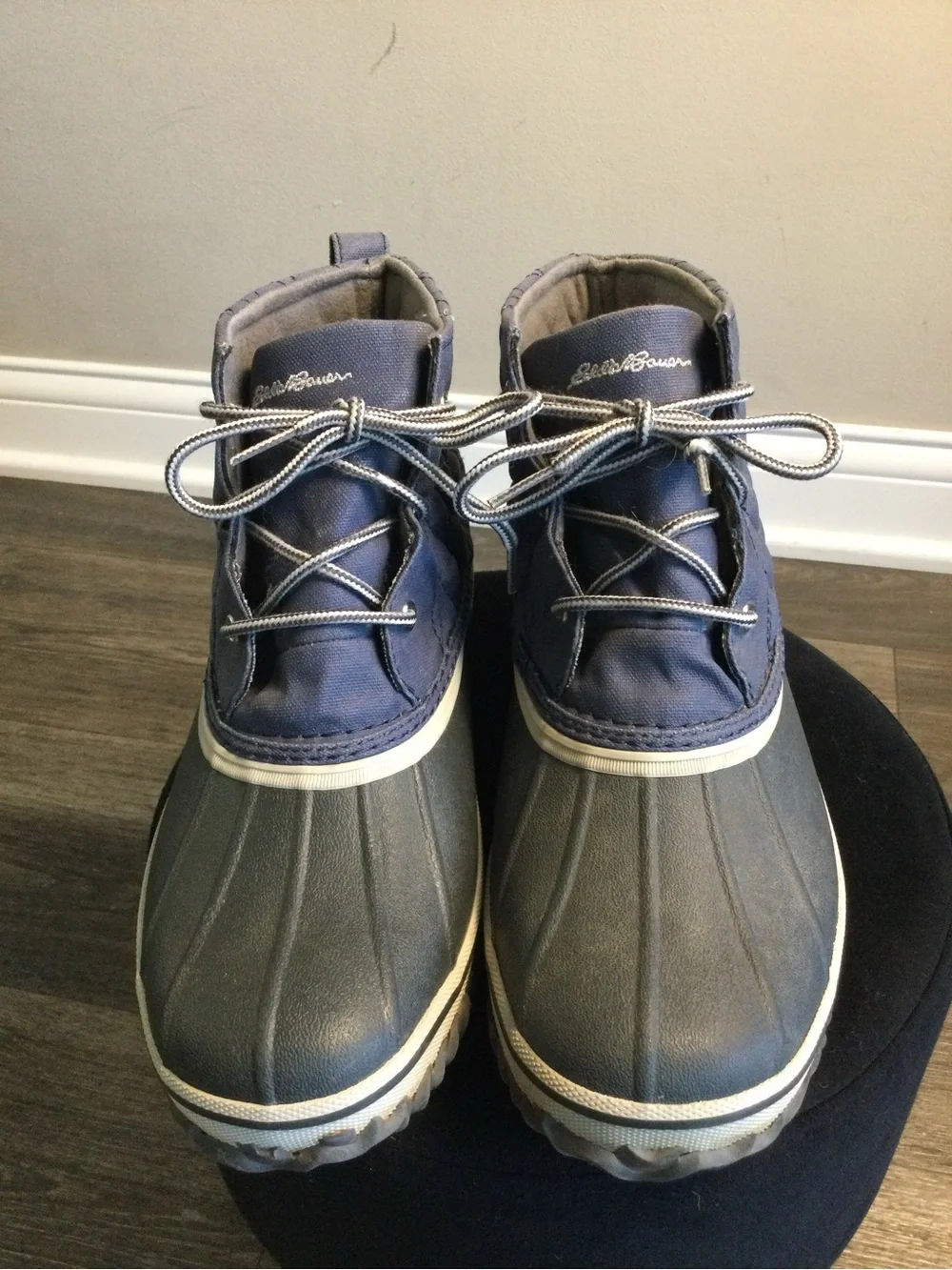 Eddie Bauer Navy and Gray Quilted Waterproof Duck Boots